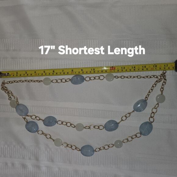 3 Strand Pale Blue Frosted Stone Necklace Chunky Statement Tiered White Stones - Picture 8 of 8